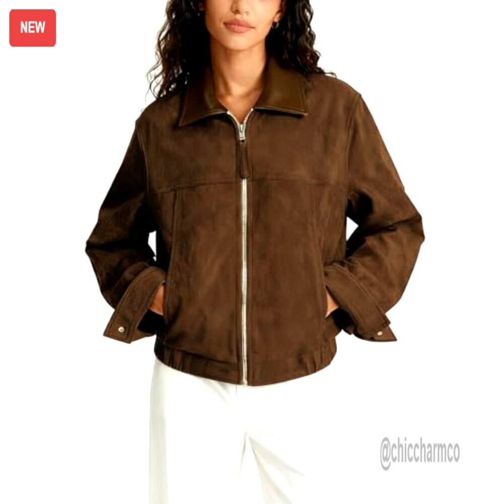 Faux Suede Cropped Jacket with Contrast Collar, Zip Front, Relaxed Fit - Picture 3 of 7